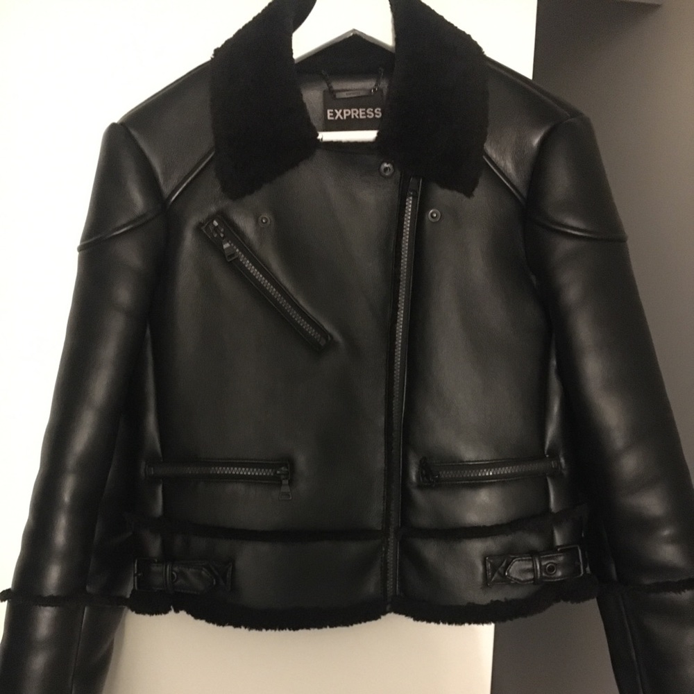 BLACK FAUX SHEARLING MOTO JACKET S